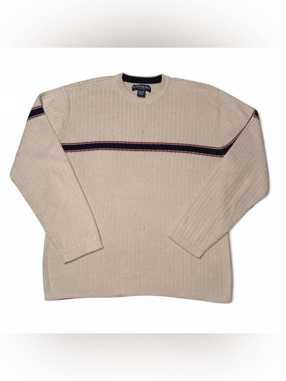 Aeropostale Beige Crewneck Sweater with Navy and Red Trim